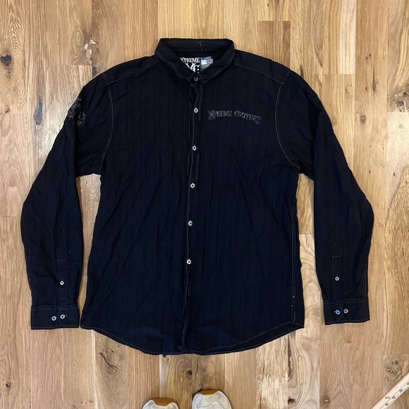 Mens Xtreme Couture Black Graphic Button Down Shirt sz X-LARGE XL‎ - Picture 1 of 6